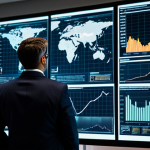 A professional data analyst, fully clothed in a modest business suit, intently observing a large, interactive transparent display showing complex but clearly visualized financial trends and market patterns. The digital interface showcases dynamic charts, graphs, and a world map with insightful data points, highlighting the transformation of raw numbers into compelling visual stories. The setting is a futuristic, sleek data analytics control room with soft, diffused lighting. The scene emphasizes deep insights and clarity, reflecting the power of AI-driven data discovery. safe for work, appropriate content, fully clothed, professional dress, perfect anatomy, correct proportions, natural pose, well-formed hands, proper finger count, natural body proportions, high quality, professional photography.