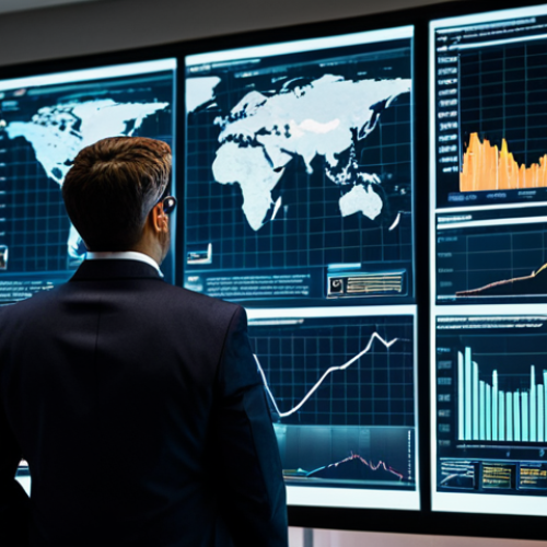 A professional data analyst, fully clothed in a modest business suit, intently observing a large, interactive transparent display showing complex but clearly visualized financial trends and market patterns. The digital interface showcases dynamic charts, graphs, and a world map with insightful data points, highlighting the transformation of raw numbers into compelling visual stories. The setting is a futuristic, sleek data analytics control room with soft, diffused lighting. The scene emphasizes deep insights and clarity, reflecting the power of AI-driven data discovery. safe for work, appropriate content, fully clothed, professional dress, perfect anatomy, correct proportions, natural pose, well-formed hands, proper finger count, natural body proportions, high quality, professional photography.
