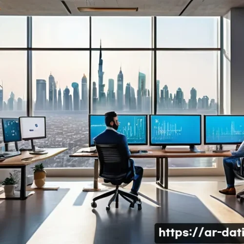 Home 30 데이터 과학에서의 고급 분석 기법 - A modern Middle Eastern office environment with diverse professionals collaborating on advanced data...