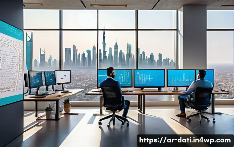 데이터 과학에서의 고급 분석 기법 - A modern Middle Eastern office environment with diverse professionals collaborating on advanced data...