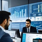 Home 17 데이터 과학 워크플로우의 성공적인 사례 연구 - A modern Middle Eastern business office scene showing a diverse team of Arab professionals analyzing...