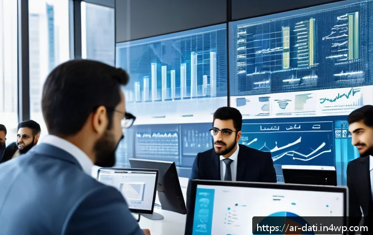 데이터 과학 워크플로우의 성공적인 사례 연구 - A modern Middle Eastern business office scene showing a diverse team of Arab professionals analyzing...