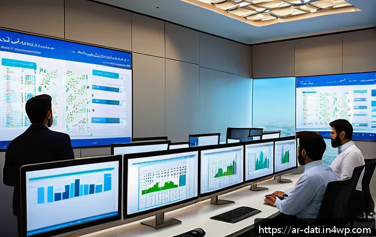 효율적인 데이터 저장소 활용 방법 - A modern Middle Eastern corporate office scene showing a diverse team of professionals analyzing uni...